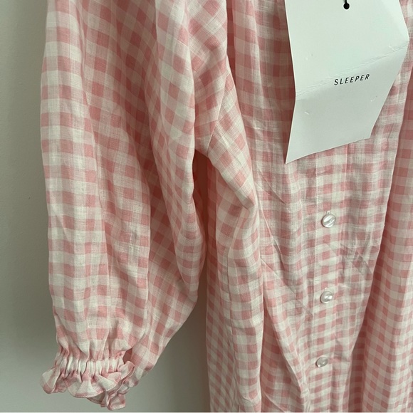 Sleeper Women’s Linen Lounge Dress Puff Sleeve Ruffle Hem in Pink Check - Picture 5 of 8